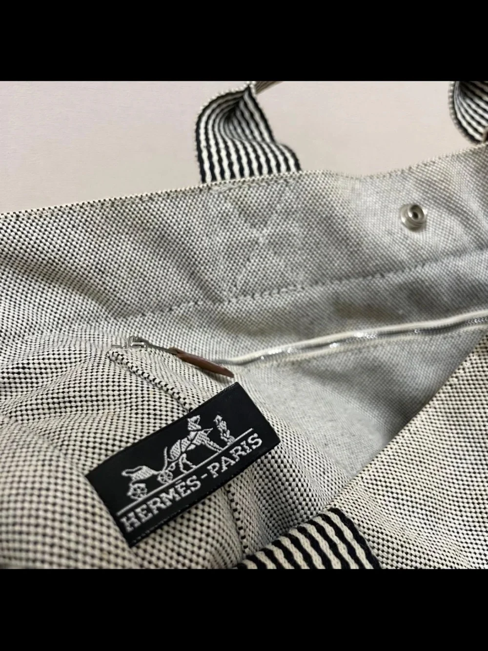 Hermes Gray Canvas Tote with Striped Web Handles